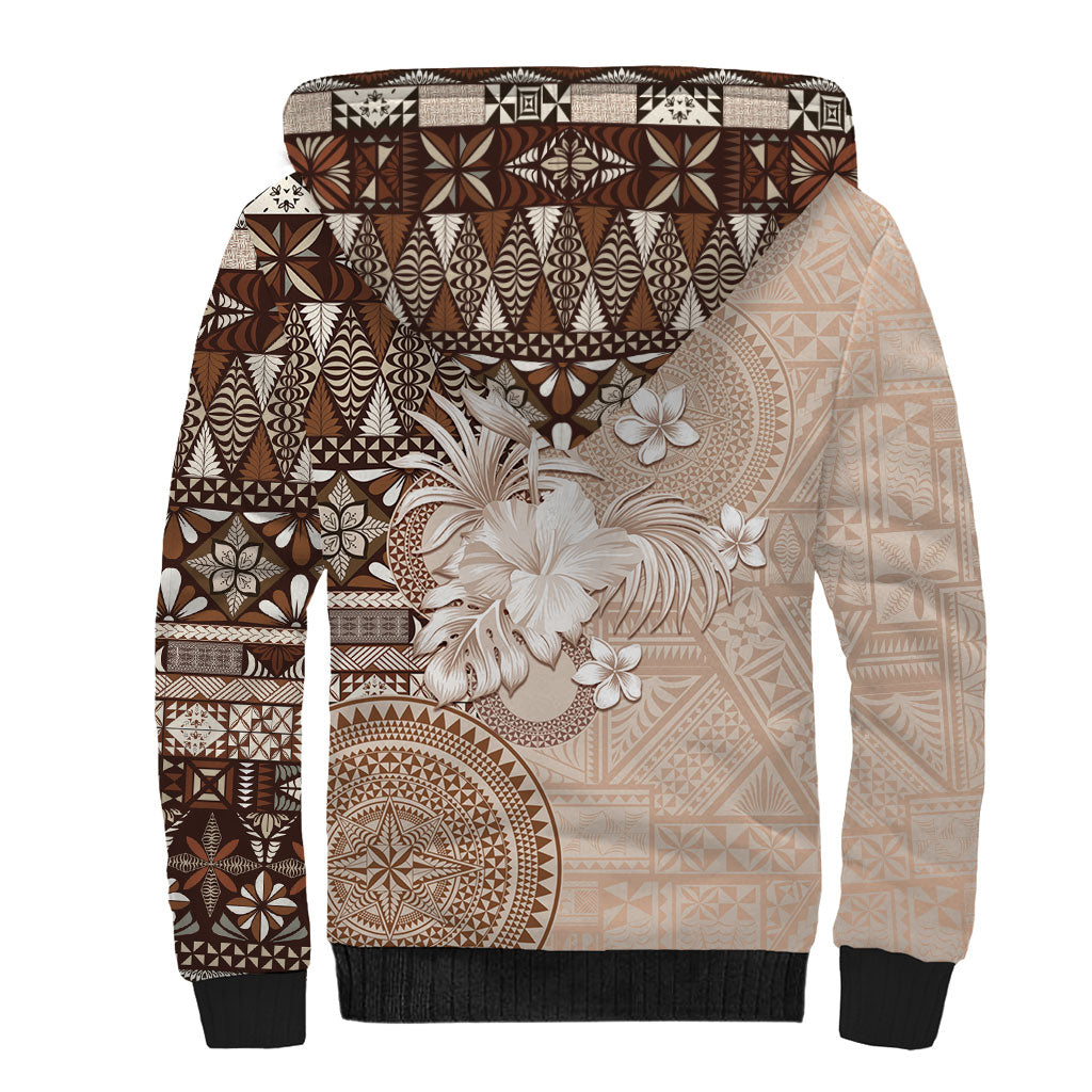 Tonga Ngatu Motifs Sherpa Hoodie With Coat Of Arms Beige LT05 - Polynesian Pride