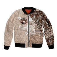 Tonga Ngatu Motifs Sleeve Zip Bomber Jacket With Coat Of Arms Beige