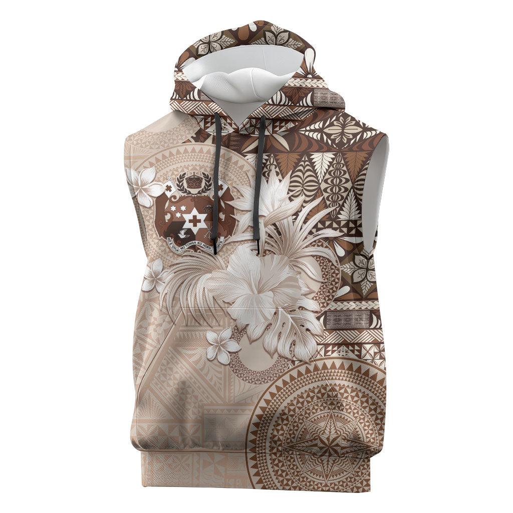 Tonga Ngatu Motifs Sleeveless Hoodie With Coat Of Arms Beige