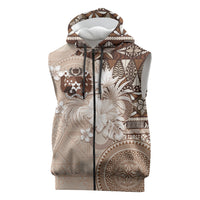 Tonga Ngatu Motifs Sleeveless Zip Hoodie With Coat Of Arms Beige LT05 Beige - Polynesian Pride