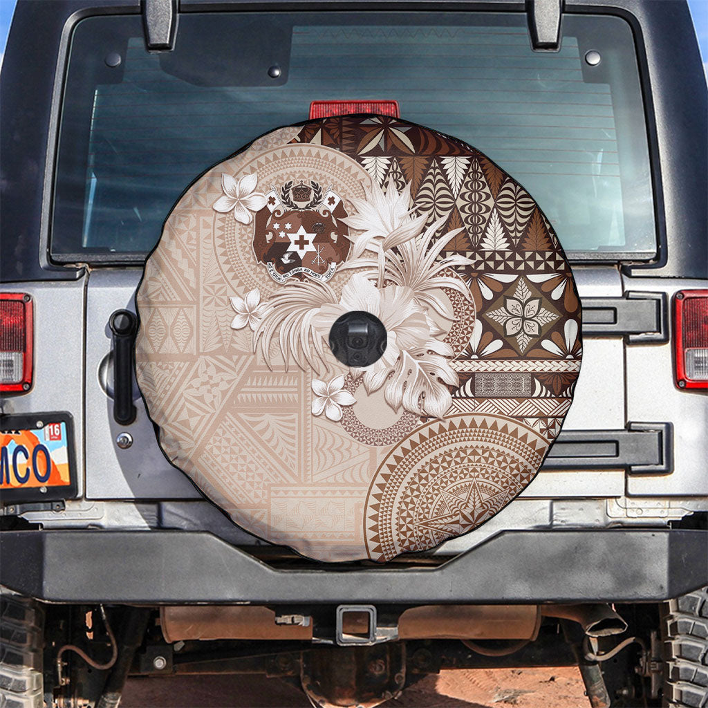 Tonga Ngatu Motifs Spare Tire Cover With Coat Of Arms Beige