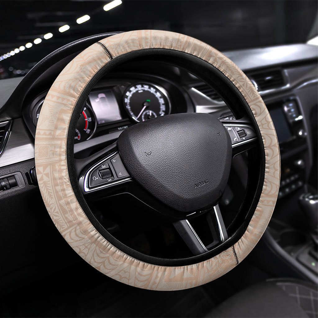 Tonga Ngatu Motifs Steering Wheel Cover With Coat Of Arms Beige