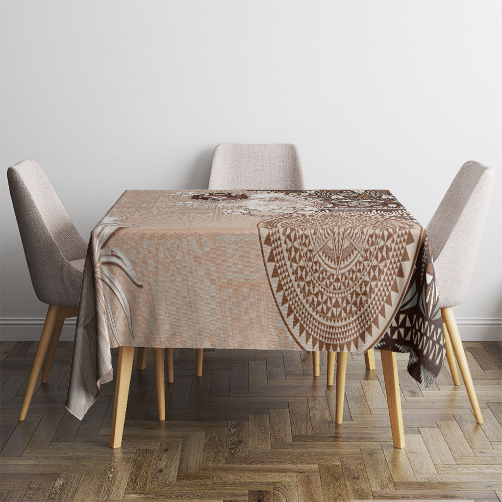 Tonga Ngatu Motifs Tablecloth With Coat Of Arms Beige LT05 - Polynesian Pride
