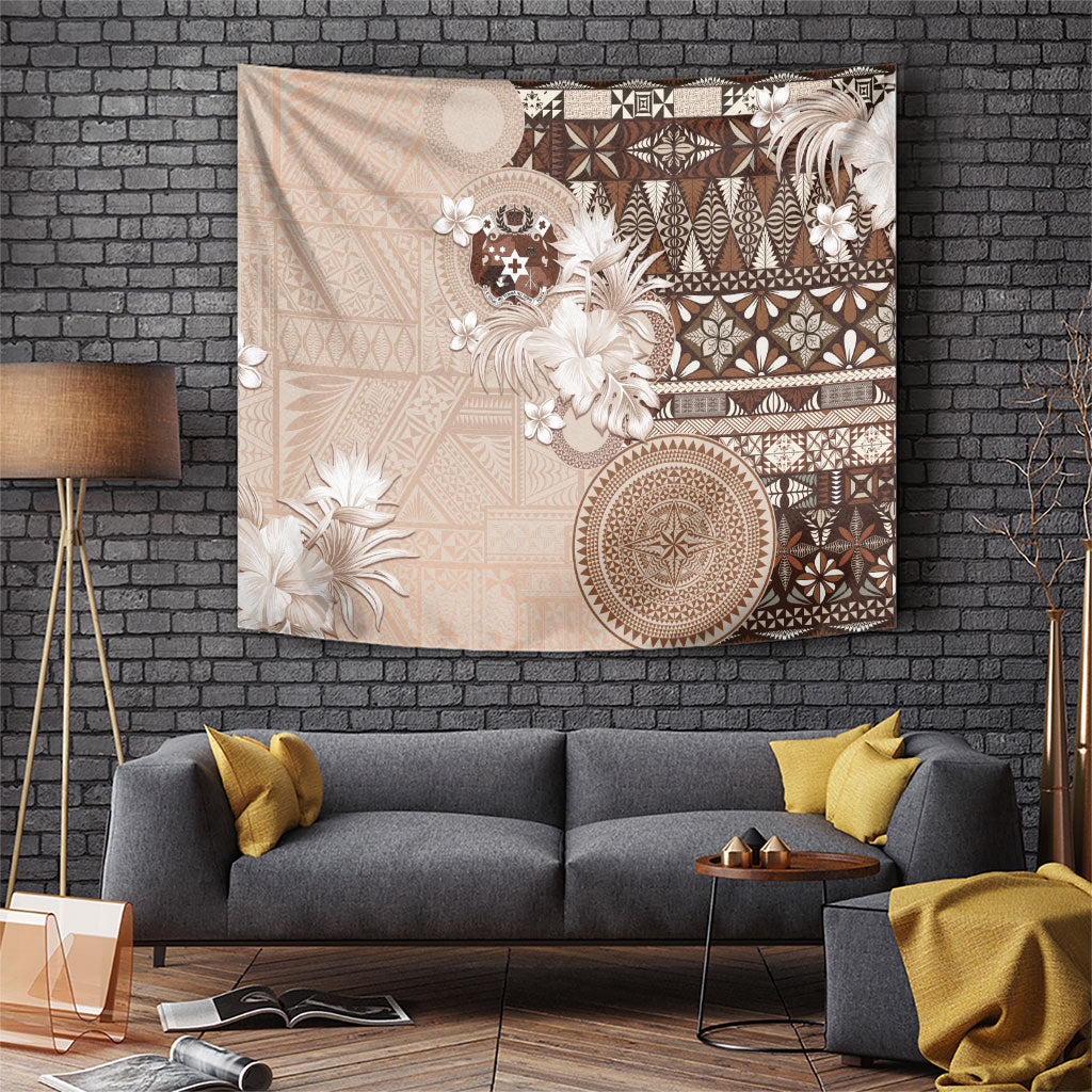 Tonga Ngatu Motifs Tapestry With Coat Of Arms Beige
