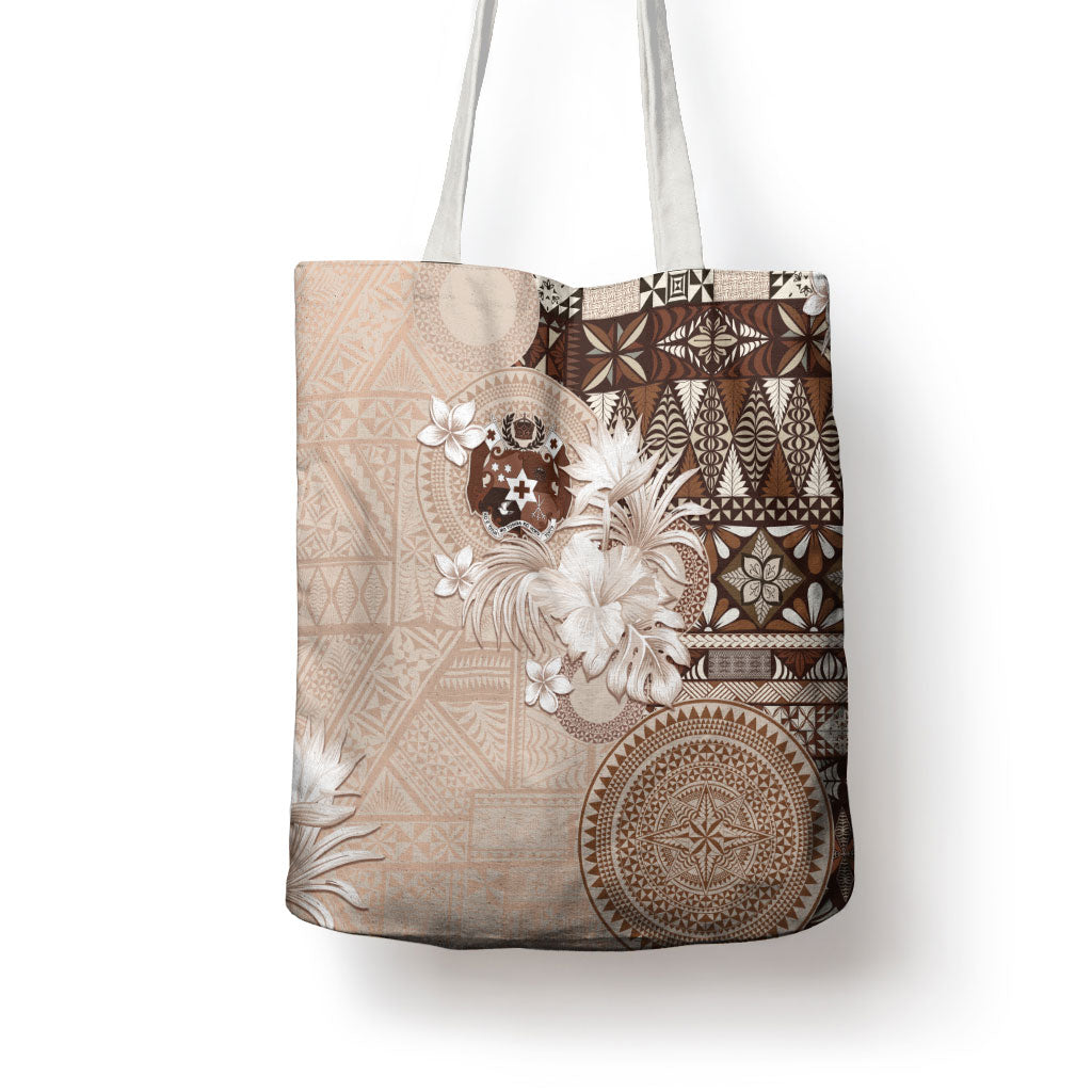 Tonga Ngatu Motifs Tote Bag With Coat Of Arms Beige