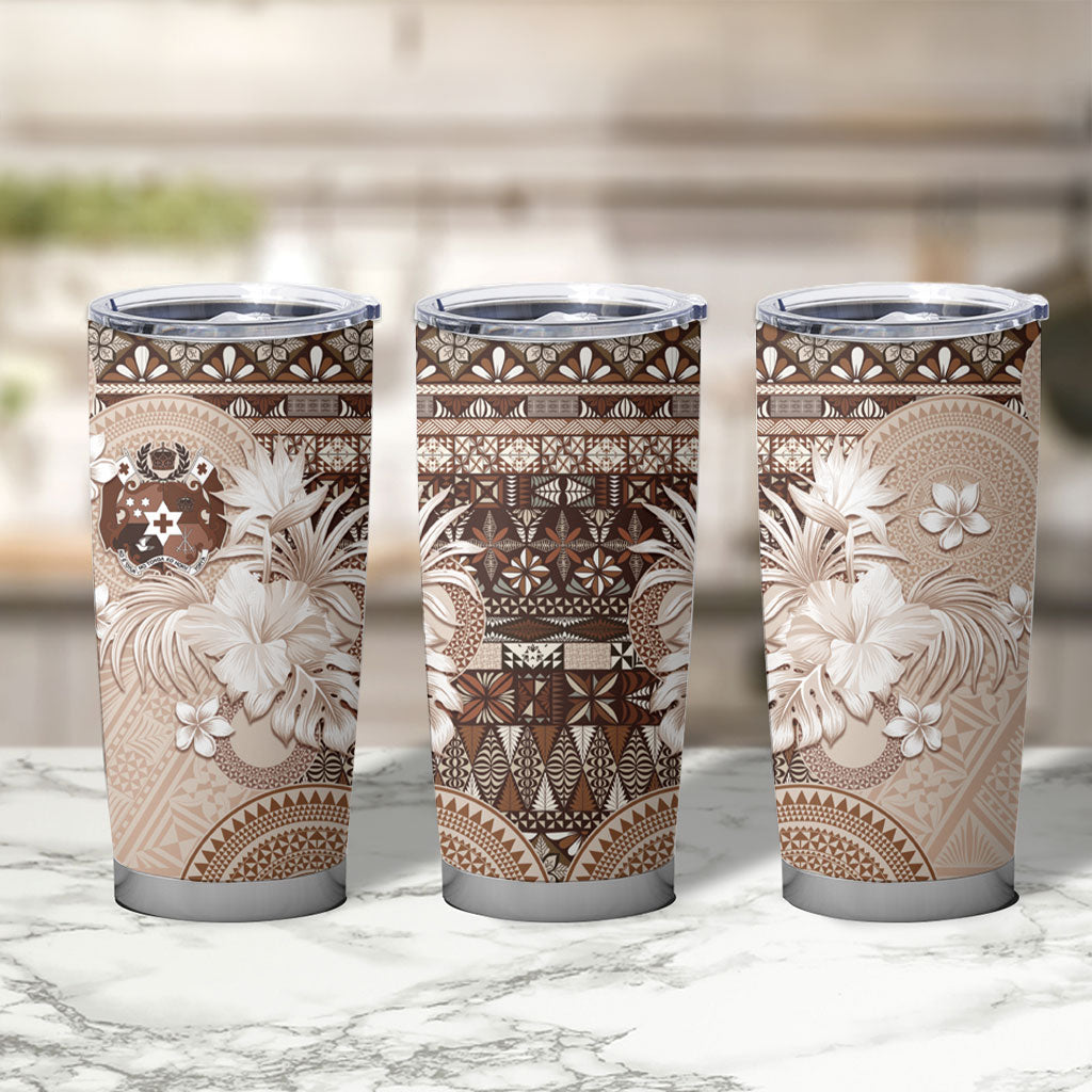 Tonga Ngatu Motifs Tumbler Cup With Coat Of Arms Beige