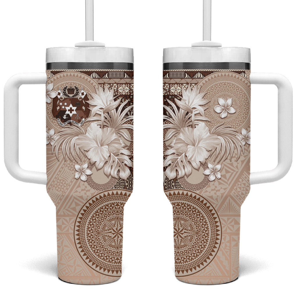 Tonga Ngatu Motifs Tumbler With Handle With Coat Of Arms Beige LT05 One Size: 40 oz Beige - Polynesian Pride