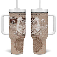 Tonga Ngatu Motifs Tumbler With Handle With Coat Of Arms Beige LT05 One Size: 40 oz Beige - Polynesian Pride