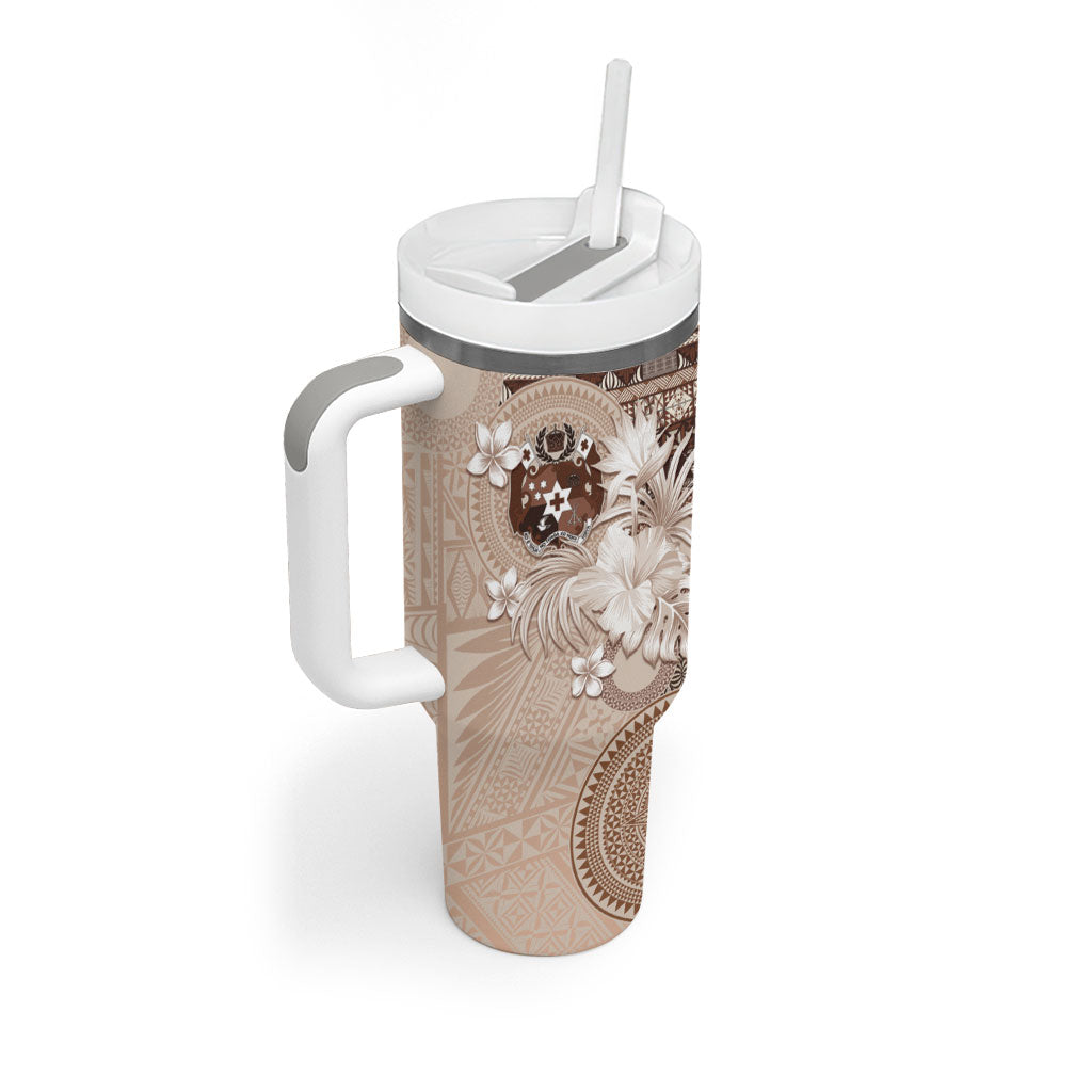 Tonga Ngatu Motifs Tumbler With Handle With Coat Of Arms Beige LT05 - Polynesian Pride