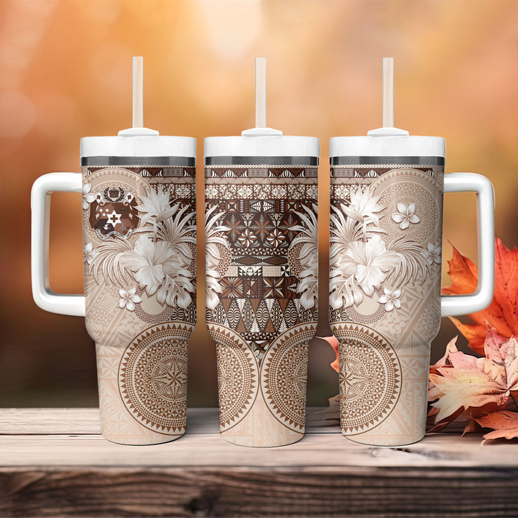 Tonga Ngatu Motifs Tumbler With Handle With Coat Of Arms Beige LT05 - Polynesian Pride