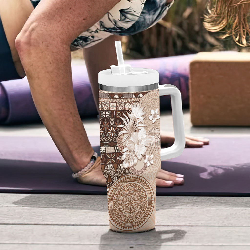 Tonga Ngatu Motifs Tumbler With Handle With Coat Of Arms Beige LT05 - Polynesian Pride