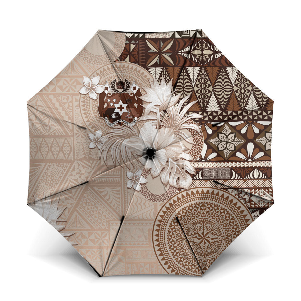 Tonga Ngatu Motifs Umbrella With Coat Of Arms Beige
