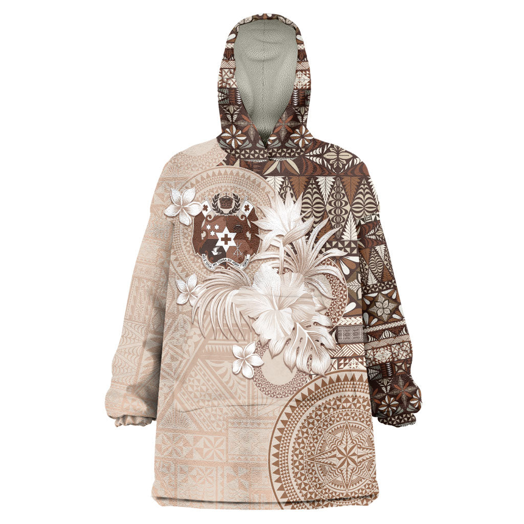 Tonga Ngatu Motifs Wearable Blanket Hoodie With Coat Of Arms Beige LT05 One Size Beige - Polynesian Pride