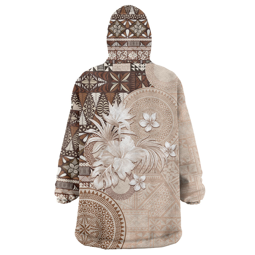 Tonga Ngatu Motifs Wearable Blanket Hoodie With Coat Of Arms Beige LT05 - Polynesian Pride