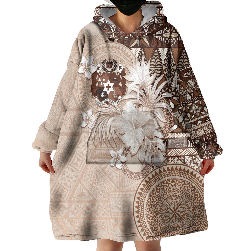 Tonga Ngatu Motifs Wearable Blanket Hoodie With Coat Of Arms Beige LT05 - Polynesian Pride