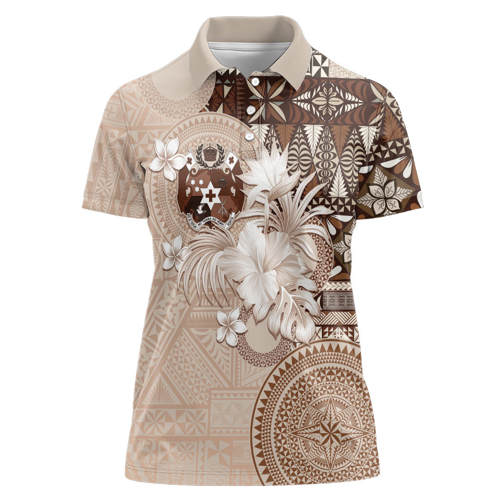 Tonga Ngatu Motifs Women Polo Shirt With Coat Of Arms Beige