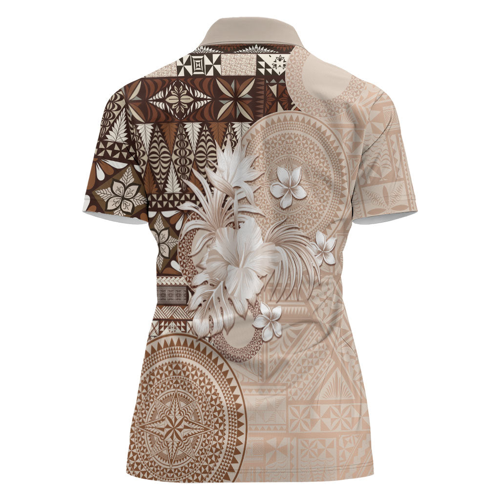Tonga Ngatu Motifs Women Polo Shirt With Coat Of Arms Beige LT05 - Polynesian Pride