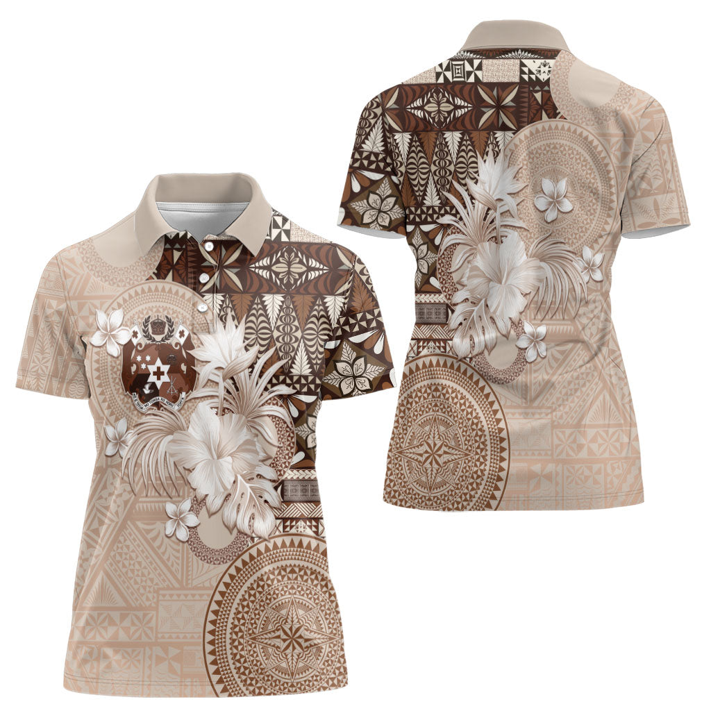 Tonga Ngatu Motifs Women Polo Shirt With Coat Of Arms Beige LT05 - Polynesian Pride
