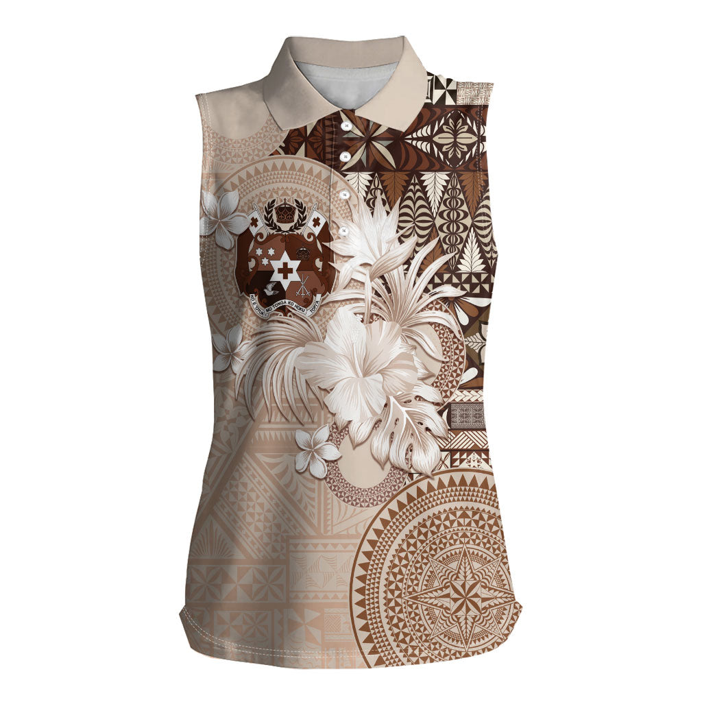 Tonga Ngatu Motifs Women Sleeveless Polo Shirt With Coat Of Arms Beige LT05 Female Beige - Polynesian Pride