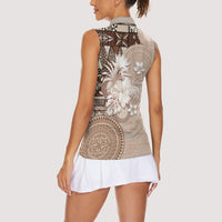 Tonga Ngatu Motifs Women Sleeveless Polo Shirt With Coat Of Arms Beige LT05 - Polynesian Pride