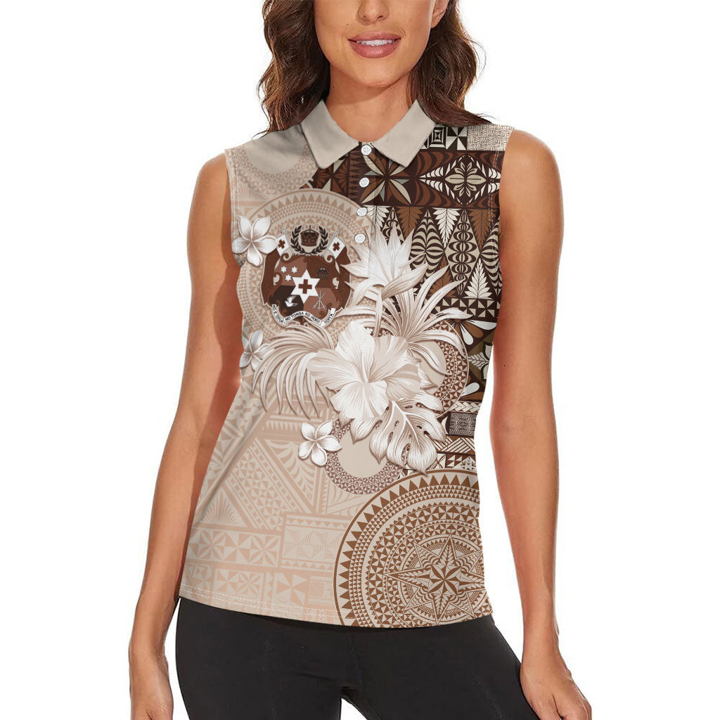 Tonga Ngatu Motifs Women Sleeveless Polo Shirt With Coat Of Arms Beige LT05 - Polynesian Pride