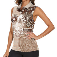 Tonga Ngatu Motifs Women Sleeveless Polo Shirt With Coat Of Arms Beige LT05 - Polynesian Pride