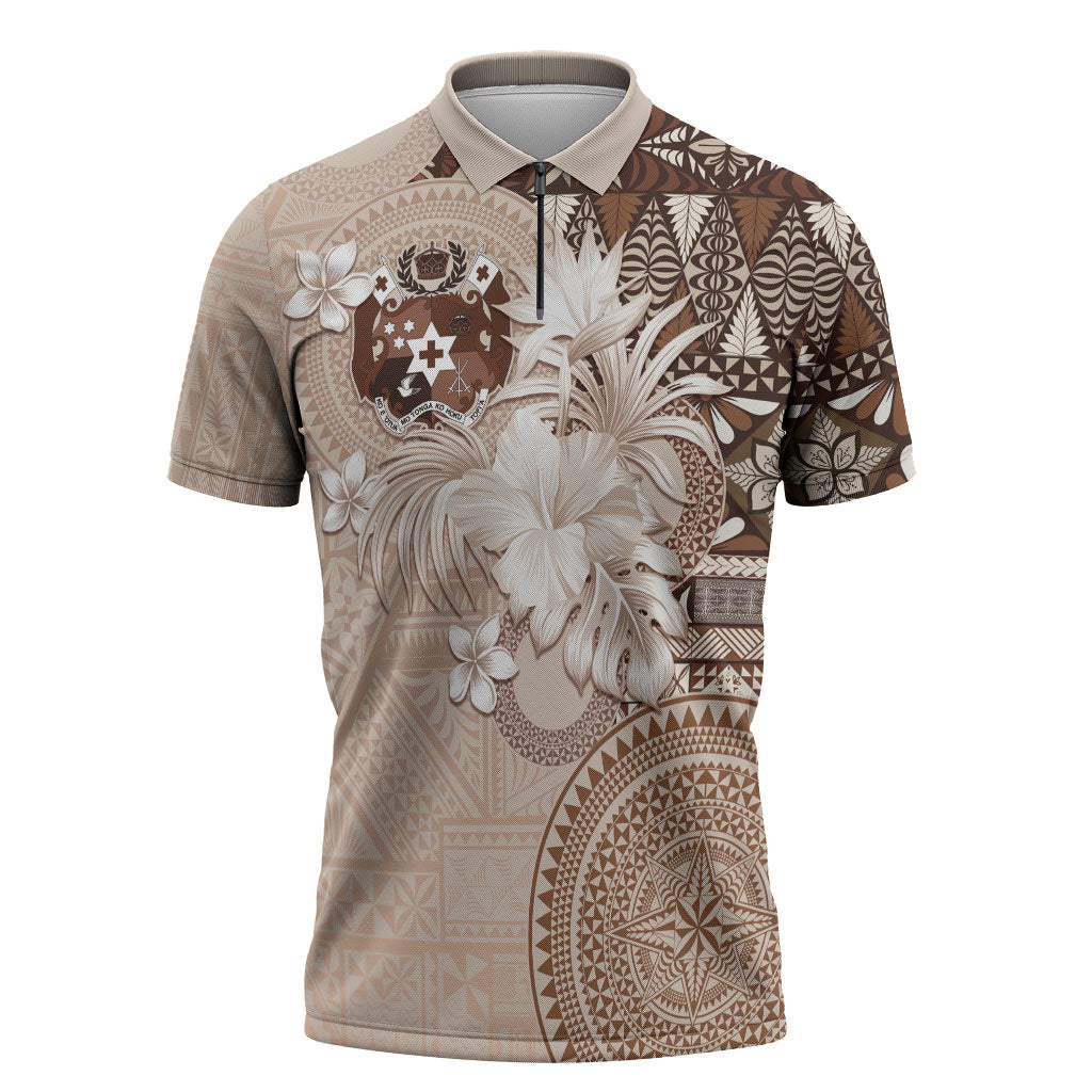 Tonga Ngatu Motifs Zipper Polo Shirt With Coat Of Arms Beige LT05 Beige - Polynesian Pride