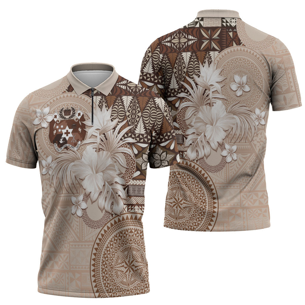 Tonga Ngatu Motifs Zipper Polo Shirt With Coat Of Arms Beige LT05 - Polynesian Pride