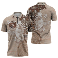 Tonga Ngatu Motifs Zipper Polo Shirt With Coat Of Arms Beige LT05 - Polynesian Pride