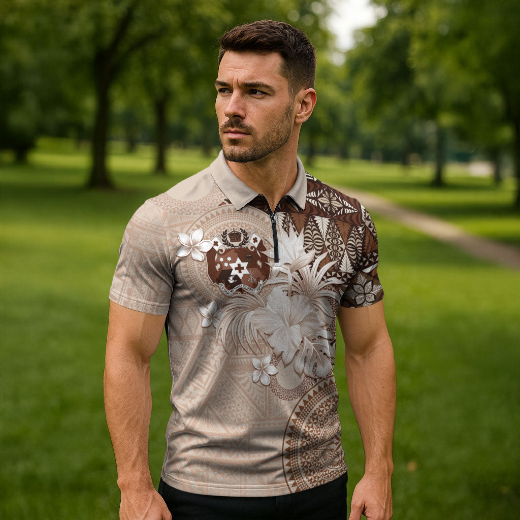 Tonga Ngatu Motifs Zipper Polo Shirt With Coat Of Arms Beige LT05 - Polynesian Pride