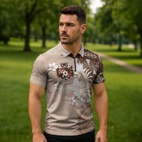 Tonga Ngatu Motifs Zipper Polo Shirt With Coat Of Arms Beige LT05 - Polynesian Pride