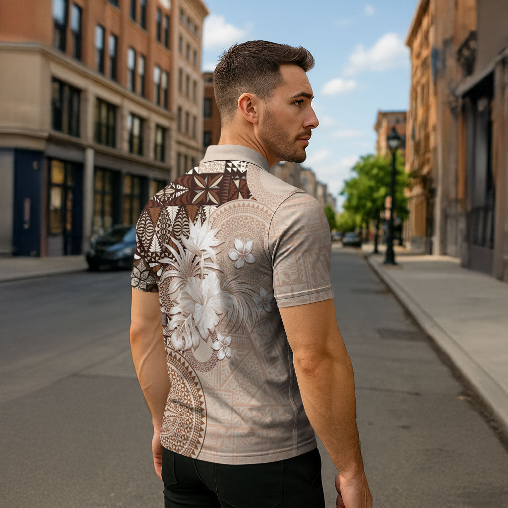 Tonga Ngatu Motifs Zipper Polo Shirt With Coat Of Arms Beige LT05 - Polynesian Pride