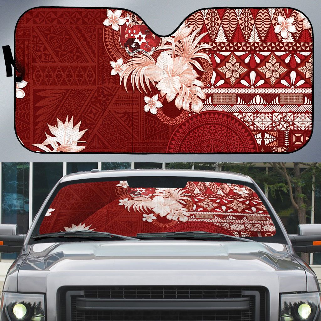 Tonga Ngatu Motifs Auto Sun Shade With Coat Of Arms Red