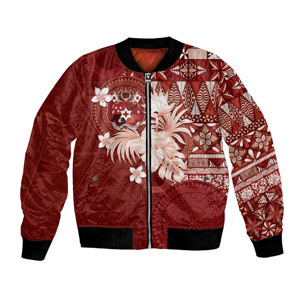 Tonga Ngatu Motifs Bomber Jacket With Coat Of Arms Red
