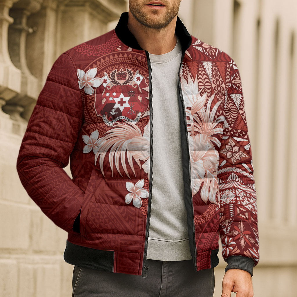 Tonga Ngatu Motifs Bomber Puffer Jacket With Coat Of Arms Red