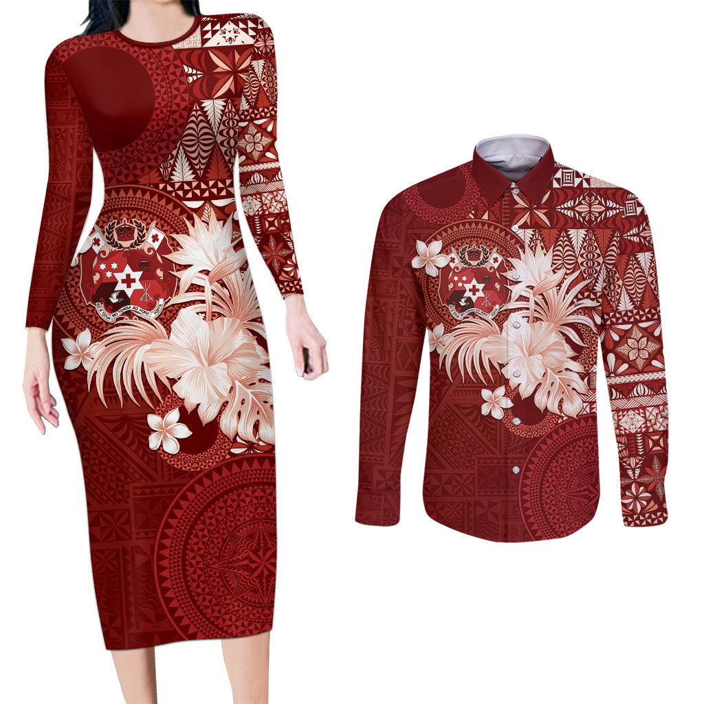 Tonga Ngatu Motifs Couples Matching Long Sleeve Bodycon Dress and Long Sleeve Button Shirt With Coat Of Arms Red LT05 Red - Polynesian Pride