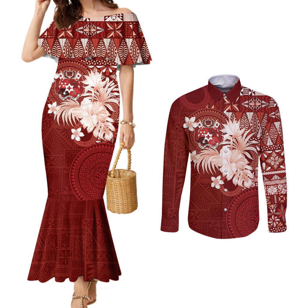 Tonga Ngatu Motifs Couples Matching Mermaid Dress and Long Sleeve Button Shirt With Coat Of Arms Red LT05 Red - Polynesian Pride