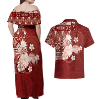 Tonga Ngatu Motifs Couples Matching Off Shoulder Maxi Dress and Hawaiian Shirt With Coat Of Arms Red LT05 - Polynesian Pride