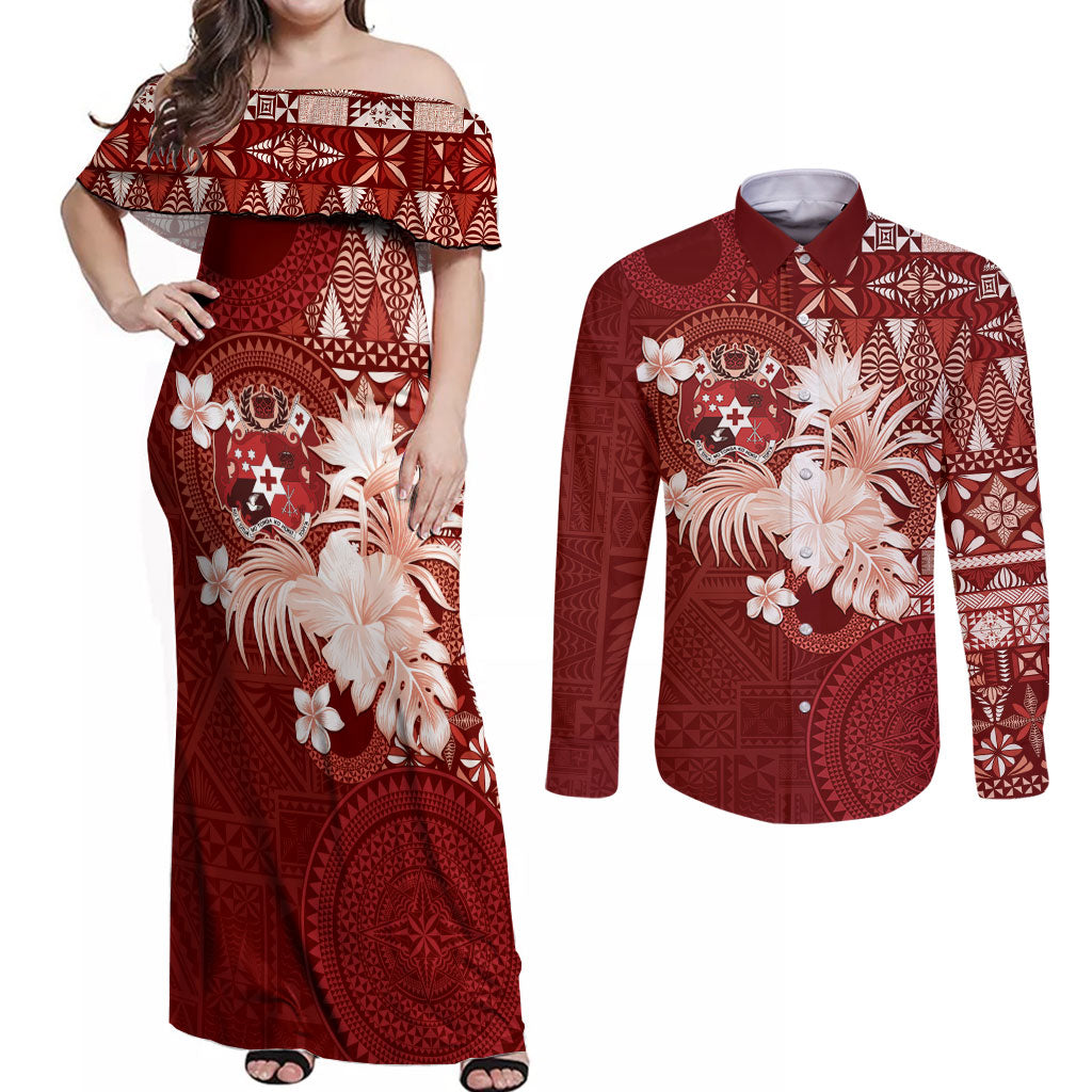 Tonga Ngatu Motifs Couples Matching Off Shoulder Maxi Dress and Long Sleeve Button Shirt With Coat Of Arms Red LT05 Red - Polynesian Pride