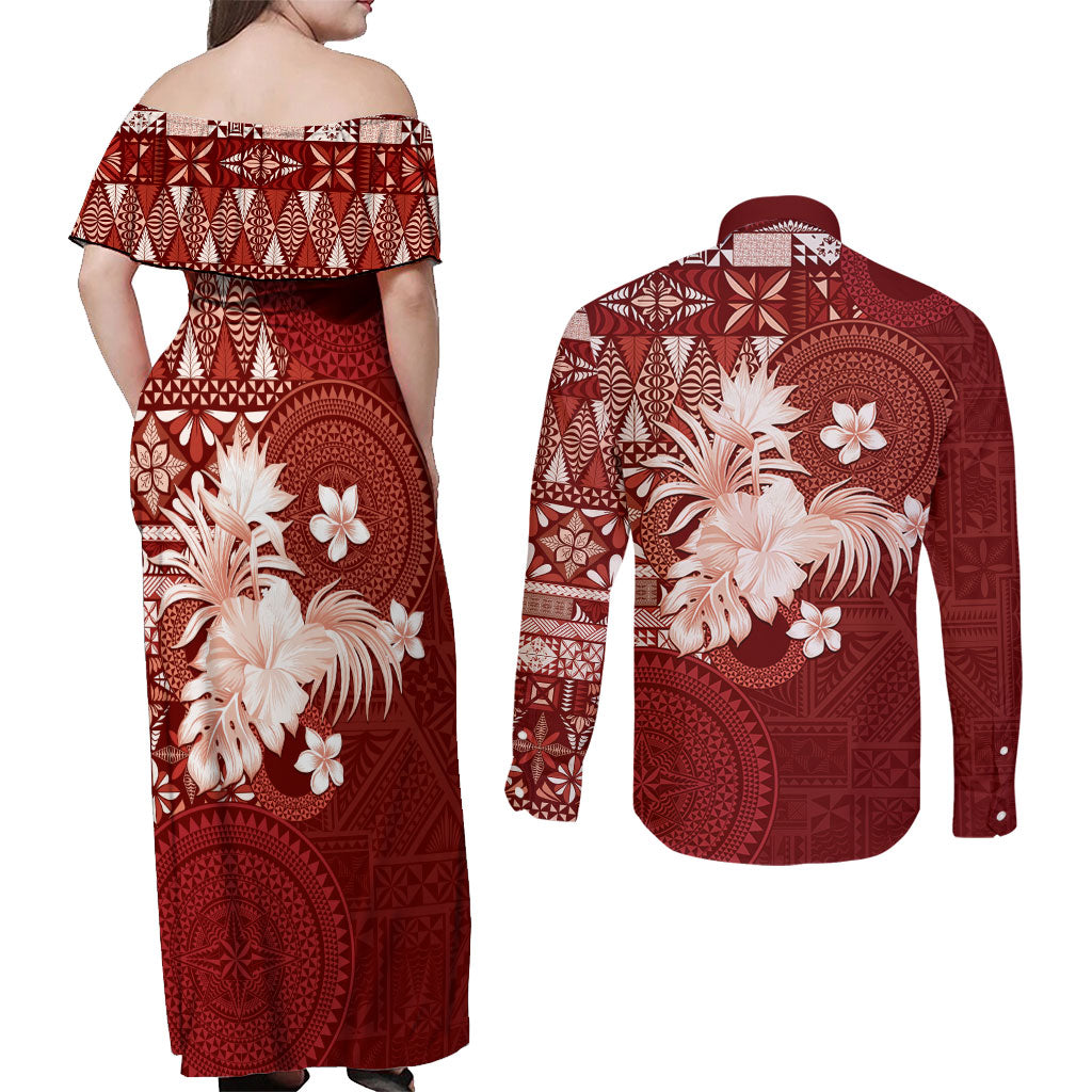 Tonga Ngatu Motifs Couples Matching Off Shoulder Maxi Dress and Long Sleeve Button Shirt With Coat Of Arms Red LT05 - Polynesian Pride