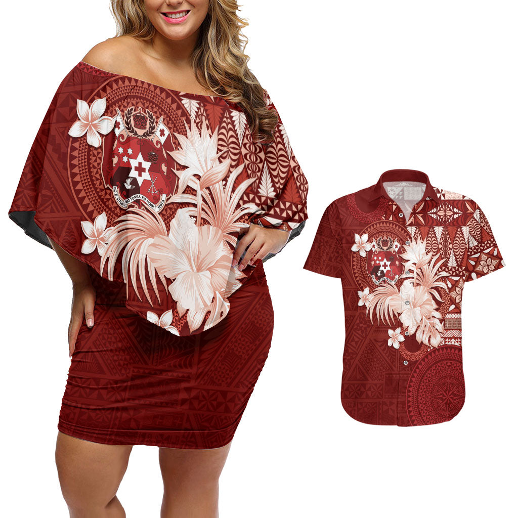 Tonga Ngatu Motifs Couples Matching Off Shoulder Short Dress and Hawaiian Shirt With Coat Of Arms Red LT05 Red - Polynesian Pride