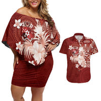 Tonga Ngatu Motifs Couples Matching Off Shoulder Short Dress and Hawaiian Shirt With Coat Of Arms Red LT05 Red - Polynesian Pride