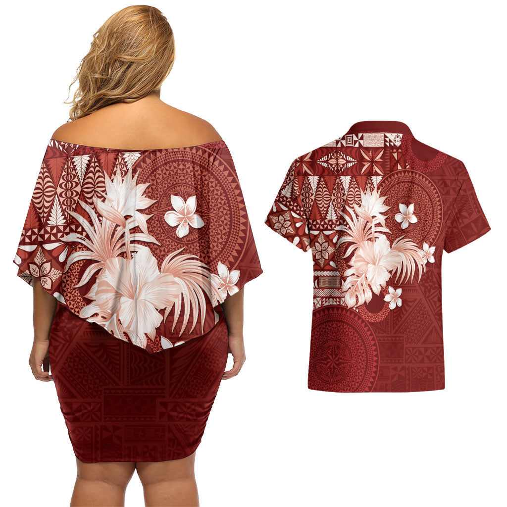Tonga Ngatu Motifs Couples Matching Off Shoulder Short Dress and Hawaiian Shirt With Coat Of Arms Red LT05 - Polynesian Pride