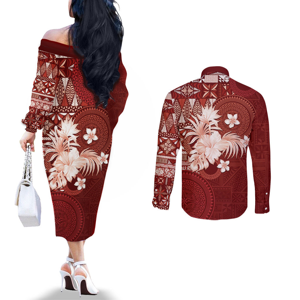Tonga Ngatu Motifs Couples Matching Off The Shoulder Long Sleeve Dress and Long Sleeve Button Shirt With Coat Of Arms Red LT05 - Polynesian Pride