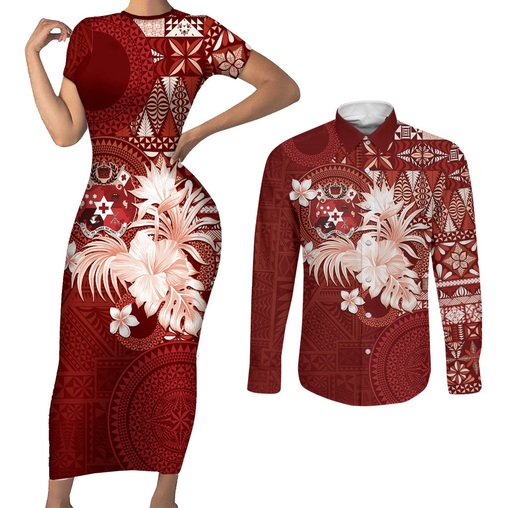 Tonga Ngatu Motifs Couples Matching Short Sleeve Bodycon Dress and Long Sleeve Button Shirt With Coat Of Arms Red LT05 Red - Polynesian Pride