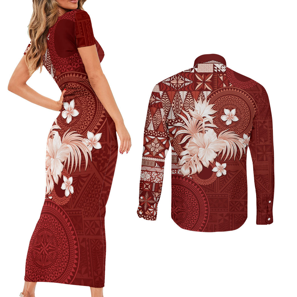 Tonga Ngatu Motifs Couples Matching Short Sleeve Bodycon Dress and Long Sleeve Button Shirt With Coat Of Arms Red LT05 - Polynesian Pride