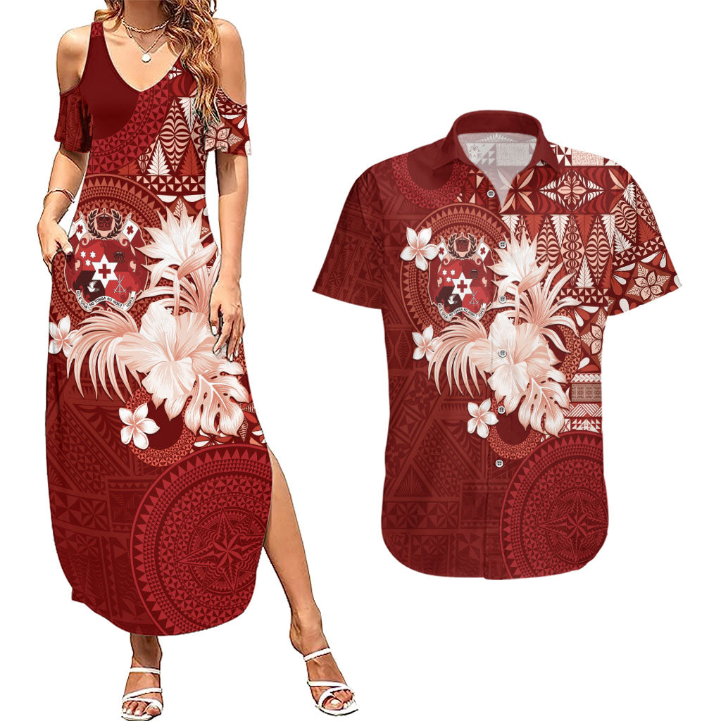 Tonga Ngatu Motifs Couples Matching Summer Maxi Dress and Hawaiian Shirt With Coat Of Arms Red LT05 Red - Polynesian Pride