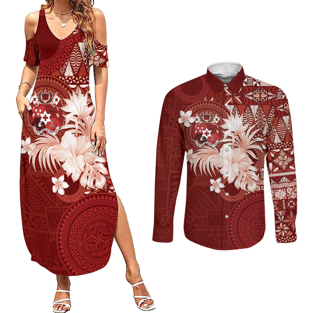 Tonga Ngatu Motifs Couples Matching Summer Maxi Dress and Long Sleeve Button Shirt With Coat Of Arms Red LT05 Red - Polynesian Pride