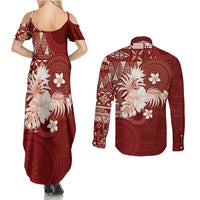 Tonga Ngatu Motifs Couples Matching Summer Maxi Dress and Long Sleeve Button Shirt With Coat Of Arms Red LT05 - Polynesian Pride