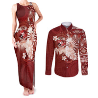 Tonga Ngatu Motifs Couples Matching Tank Maxi Dress and Long Sleeve Button Shirt With Coat Of Arms Red LT05 Red - Polynesian Pride